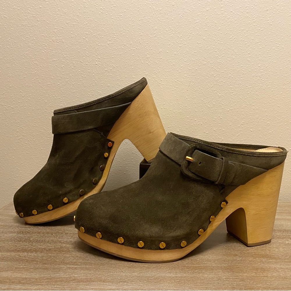 Veronica Beard Dacey Buckle Suede Clogs in Military (color) Women’s Size 11